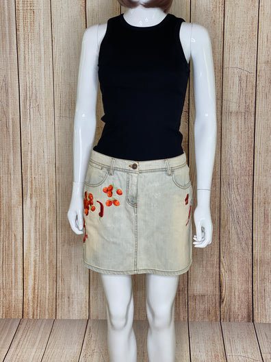 Faded Embroidered Denim Skirt